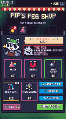 Pip's Peg Shop: buying prisms, magnets and bombs between rounds