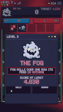 Boss card for The Fog: fog rolls over one row and its pegs do nothing